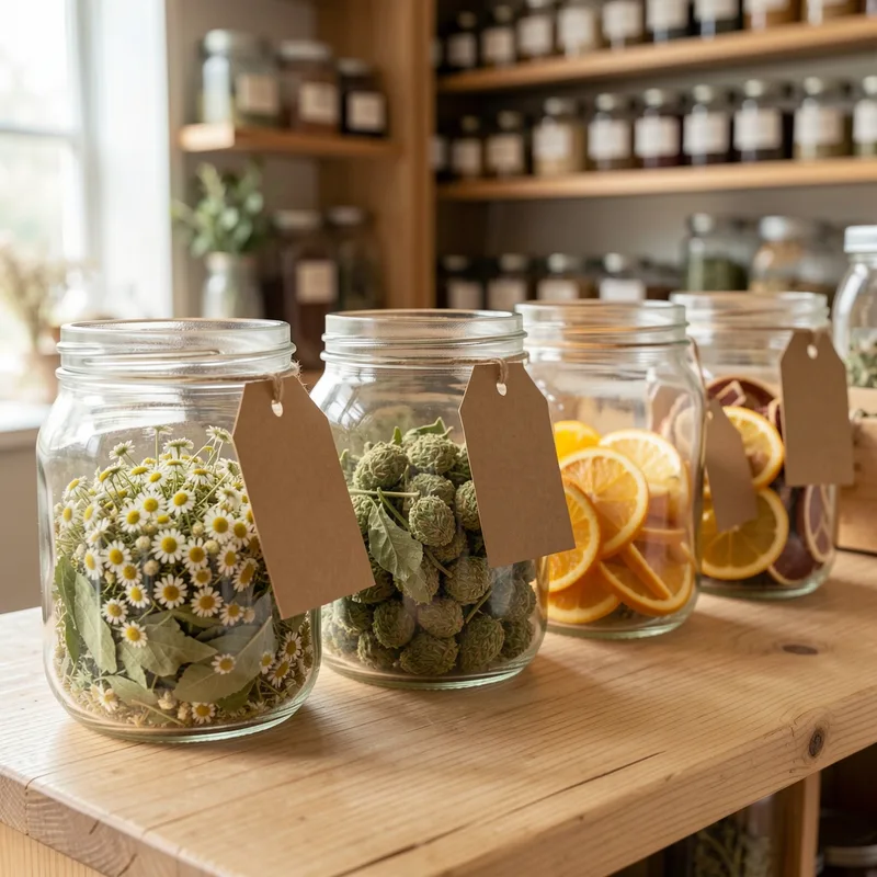 Plusieurs bocaux en verre remplis de mélanges de plantes séchées et de sommités de chanvre sur un comptoir de boutique