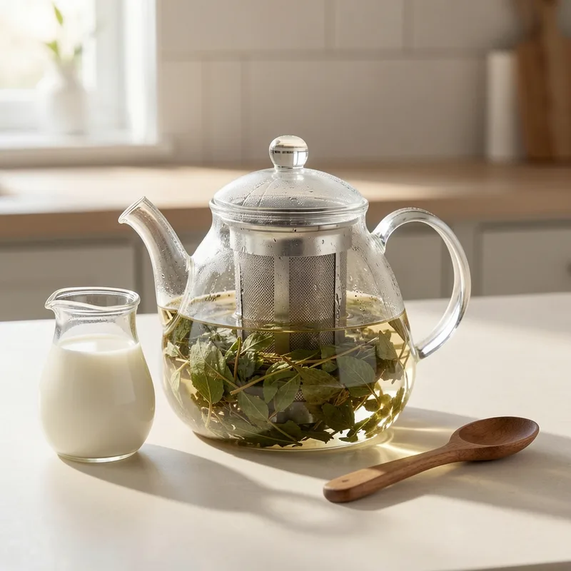 Théière en verre transparent avec filtre intégré, à côté d’une petite carafe de lait et d’une cuillère en bois