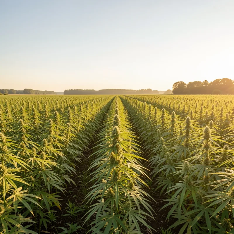 Champ de chanvre industriel en fin de journée, rangées régulières de plants sous une lumière rasante