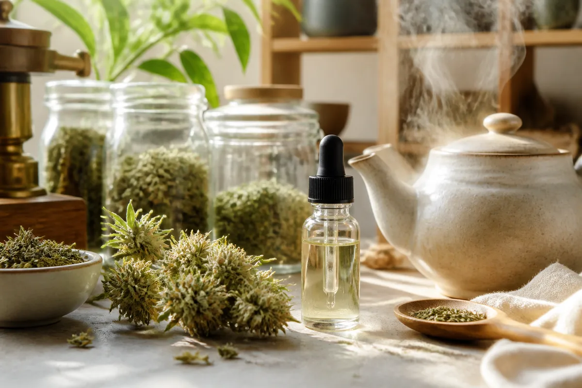 Sommités de chanvre claires photographiées en lumière rasante à côté d&rsquo;un flacon de vape