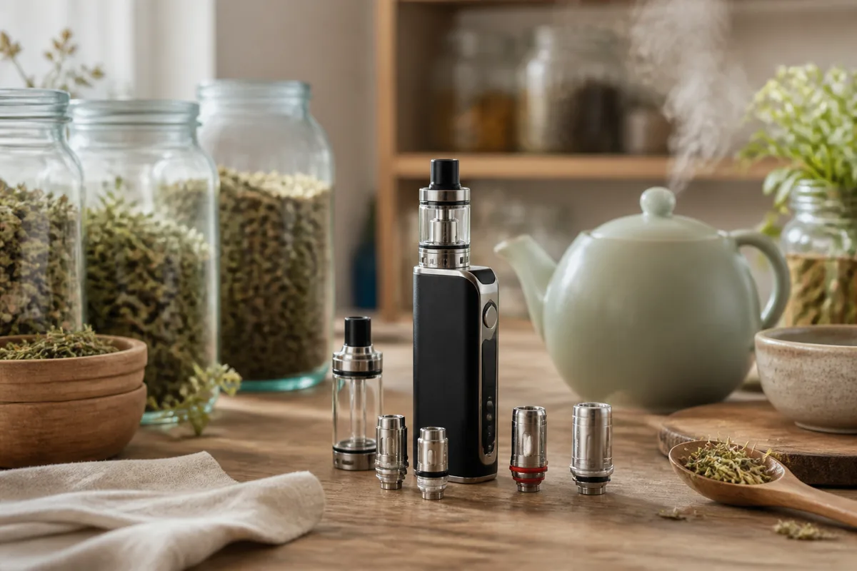 Matériel de vape posé sur un établi : batterie, clearomiseur et résistances de rechange