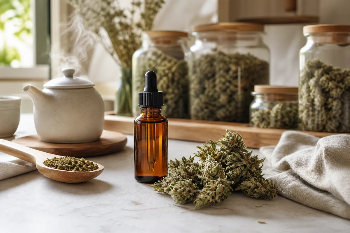 Flacon d’e-liquide ambré posé près de sommités de chanvre séchées sur un plan de travail clair