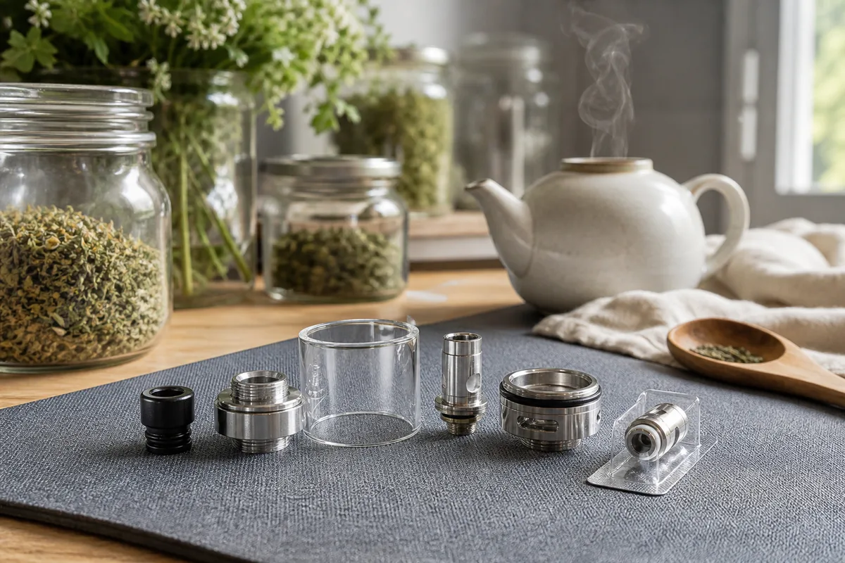 Clearomiseur démonté avec une résistance neuve posée sur un tapis d’atelier gris