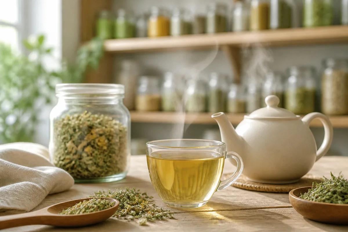 Tasse de tisane fumante posée près d&rsquo;un bocal de plantes séchées sur une table en bois