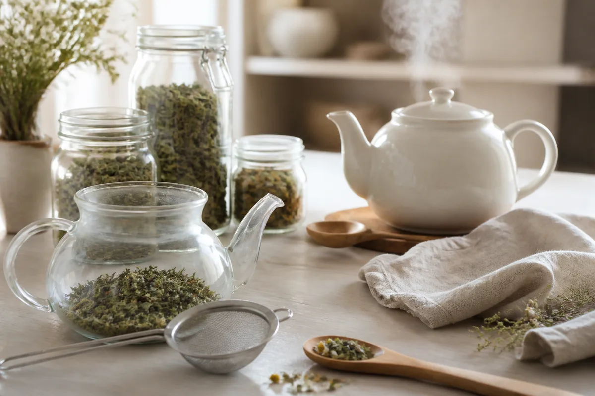 Théière en verre, passoire fine et cuillère en bois disposées sur un plan de travail clair