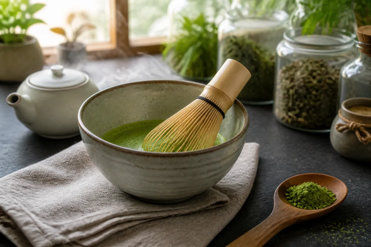 Bol de matcha vert vif avec un fouet en bambou posé sur une table sombre