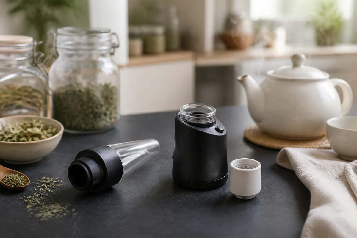 Vaporisateur à concentrés démonté avec sa chambre en céramique posée sur un plan sombre